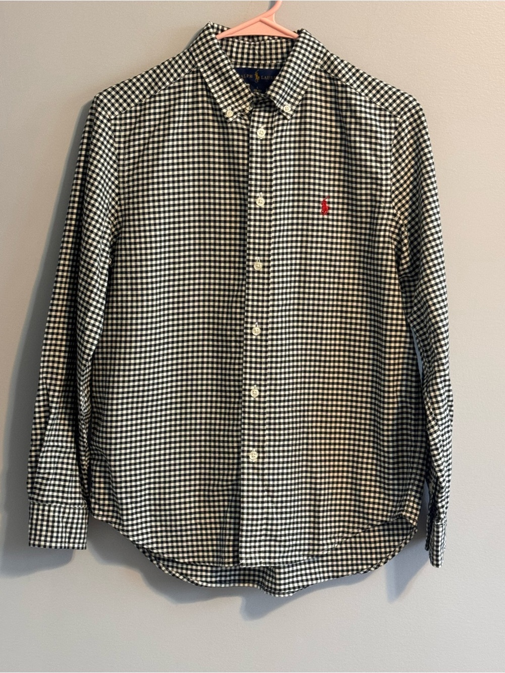 Ralph Lauren Boys L 14-16 Black White Gingham Cotton Button Down Shirt